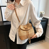 Purpdrank  Straw Woven Design Crossbody Bags For Women Summer Beach Drawstring Bucket Shoulder Bag Big Capacity Designer Handbag