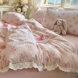 Purpdrank  Korean Style Girly Heart Floral Double Layer Gauze Four-Piece Set Princess Style Lace Trim Quilt Cover Bed Sheet Dormitory
