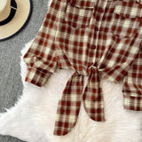 Purpdrank  Retro Hong Kong Sle Plaid Long Sve irt Women's ort Length Turn-down Collar Slimming Waist Tie Top for Autumn 2025