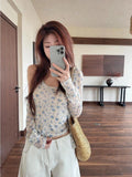 Purpdrank  Y2k Casual Summer Flower Print Slim Square Collar Vest Long Sleeve Top Two Piece Set Women