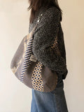 Purpdrank  Retro Geometric Patchwork Plaid Shoulder Bag for Women New Large Capacity Tote Canvas Bags