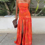 Purpdrank  Elegant Strapless Print Long Dress Women Off Shoulder Sleeveless Split Vestidos Female 2025 Summer Fashion Chic A Line Robe