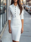 Purpdrank  Casual Long Sleeve Slim Fit Midi Dress Women Elegant Lapel Button Solid Party Dress Spring Autumn Fashion Commuting Skinny Dress