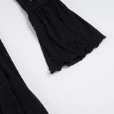 Purpdrank  Sexy Sparkly Sheer Mesh Party Dress Women Fashion Black Tie-up Low Cut Front Long Sleeve A Line Mini Midnight Club Dress