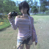 Purpdrank  Japanese Y2K Off Shoulder T Shirt with Scarf Trashy 2000S Style Rainbow Striped Tops Long Sleeve Vintage Harajuku 90S tees