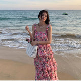 Purpdrank  Flower Printed Pleated Waist A-line Dress Sweet Beach Chiffon Fragmented Pink Strap Dresses Fashionable Cake Vestidos Fairy