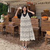 Purpdrank  Fashionable Hollow out Knitted Strap Dress V-Neck Sleeveless Midi A- Line Skirt Vintage Style Cotton Geometric Pattern Dress