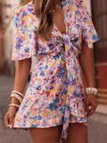 Purpdrank  Elegant V-neck Short Sleeve Vacation Rompers Lady High Waist Loose Playsuits Bohemian Style Pattern Printed Lace Up Jumpsuits