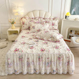 Purpdrank  100% Cotton Vintage Pastoral Style Rose Flowers Print Ruffles Bedding Set Duvet Cover Set Bow Lace Quilted Bed Skirt Pillowcases