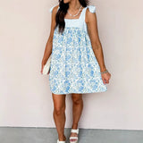 Purpdrank   New Women's Floral Print Tie Strap Mini Dress Striped Bodice Backless Babydoll Dress Casual Summer Vacation Dress