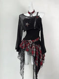 Purpdrank  2000s Aesthetic Elegant Women 2 Piece Set Y2k Gothic Irregular Design Tops + Plaid Skirt Female Korea Style Retro Chic Outfits