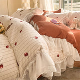 Purpdrank  Skin Friendly Printed Bedding Set With Lace Duvet Cover Bed Sheet Pillowcases A-Class Four Piece Set Bedroom Decor Home Textiles