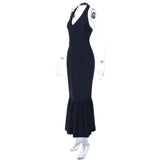 Purpdrank  Elegant Navy Blue Halter Mermaid Long Dress Women Sexy Deep V Front Sleeveless Backless Slim Bodycon Evening Party Gown