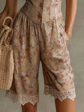 Purpdrank  Spring Summer New Romantic Small Floral Print Shirt Collar Sleeveless Slim Fit Sexy Lace Trim Romper Shorts