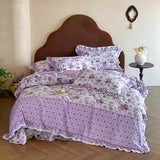 Purpdrank  Rustic Vintage French Rose Floral Ruffles 100% Cotton Bedding Set Duvet Cover Set Flat/Fitted Bed Sheet Pillowcases 4Pcs