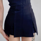 Purpdrank  Women High Waist Front Slit Mini Skirt American Vintage All-match Package Hips Pleated Skirts Side Zipper With Shorts Underwear