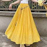 Purpdrank  High Waist Cotton and Linen Bohemian Women's Long Skirts Sashes 2025 New Spring Summer Vintage Solid Pleated Skirts