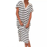 Purpdrank  Women Dress Long Dresses Knitted Turn Down Collar Short Sleeve Print Striped Casual Loose Elegant Splice Summer Vestidos