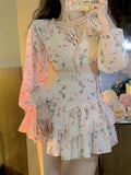 Purpdrank - Sweet Fresh Floral Print Chiffon Blusas Summer Backless Puff Sleeve Top Female+High Waist Ball Gown Mini A-line Skirts Woman Set