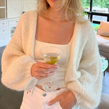 Purpdrank  Women Fuzzy Knitted Sweater Preppy Long Lantern Sleeve Open Front Solid Color Cardigan Fall Cropped Coat Y2k Vintage Knitwear