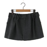 Purpdrank  New Autumn Gray Black Houndstooth Plaid Woollen Mini Skirt Women Ruched High Waist Ball Gown Short Skater Party Femme Skirts