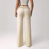Purpdrank  Women Elastic Waist Lace Slightly Flared Casual Pants Slim-fit Strap Up High Waist Bell-bottom Solid Color Comfort Splice Pants