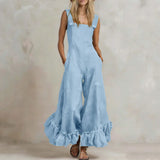 Purpdrank  New Summer Ruffle Hem Wide Leg Jumpsuit Women Button Square Neck Casual Loose Romper Retro Sleeveless High Waist Pocket Playsuit