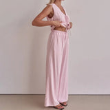 Purpdrank  Trousers Suit Office Lady Outfits Elegant Women Loose Two Piece Set Sleeveless Lace Up Vest Top Elastic Waist Wide Leg Pants Set