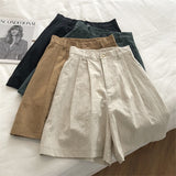 Purpdrank - Breathable Cotton Linen Shorts Japanese Retro High Waist Wide Leg Bermuda Shorts Suit Casual Summer Woman Loose
