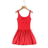 Purpdrank  Sweet White Bow U Collar Tank Dress Women Spliced Satin Wood ears Low Waist Swing BUD Sling Mini Party Dresses Robe Red