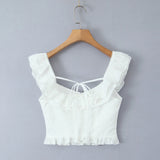 Purpdrank  White Spliced Wood ears Ruffles Embroidery Hollow Out Hole Sexy Corset Women Summer Tank Tops Slim Through Buttons Crop Top