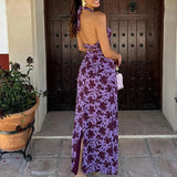 Purpdrank  Summer Sexy Halter Sleeveless Long Dress Women's Elegant Floral Print Boho Dress Fashion High Waist Hollow Out Party Dress