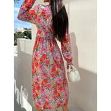 Purpdrank  S-XXL Women's Fashion V-neck Single Breasted  Long Party Dress Ladies Casual Printed Waist Comfortable Versatile Dress