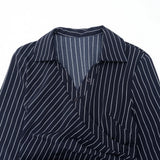 Purpdrank  Chic Blue & White Striped Shirt Dress Women Fashion Turn Down Collar Long Sleeve Pleats Slim Asymmetrical Hem Mini Dress