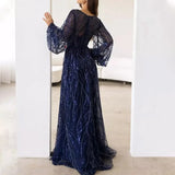 Purpdrank  Long V-Neck Sequin Dress Elegant Bow-Knot Party Dress Polyester Fabric High Waist Bubble Sleeve Floor-Length Simple Chic
