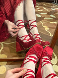 Purpdrank  Plus Size 43 Retro Red Lolita Ankle Wrap Pumps Sweet 5cm Med Square Heels Gothic Cosplay Ballet Mary Janes Shoes Women