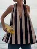 Purpdrank  Chic V-neck Backless A-line Stripe Loose Vests Fashion Women Sleeveless Top 2025 Casual Holiday Female Halter Tops High Street