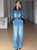 Purpdrank  Retro Polo Collar Workwear Denim Jumpsuit Women'S Spring And Autumn Color Blocked High Waisted Wide Leg Pants