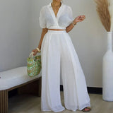 Purpdrank  Elegant Fashion Vacation Casual Outfits Women Two Piece Set Turn-down Collar Crop Top and Wide Leg Pants Matching Sets Birthday