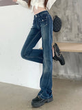 Purpdrank  Blue Splice Vintage Pocket Flared Jeans Women Y2K Streetwear Casual Slim Stretchable Denim Pants Female Autumn Winter Trousers