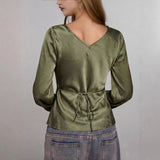 Purpdrank   Spring New Women's Elegant Satin Blouse V Neck Tie Front Flared Bell Sleeve Fitted Waist Top Chic Office Party Blouse