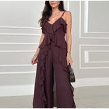 Purpdrank  Casual Chiffon Ruffles Pants Women's 2 Piece Sets V-neck Sleeveless Split Tops Loose Wide Leg Trousers 2025 Summer Lady Outfits