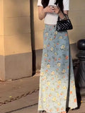 Purpdrank  Oversized American Retro Print Denim Skirt Women Spring/Summer New High Waist A-line Raw Edge Temperament Wrap Hip Long Skirts