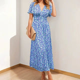 Purpdrank  Summer Women Floral Print Casual Long Dress Fashion V Neck Short Sleeve Elegant Office Female Beach Party Maxi Dresses Robe