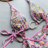 Purpdrank  3Pcs Shiny Bikini 2025 Bandeau Biquini Women Sexy Swimsuit Female Push Up Swimwear Printed Bathing Suit Mesh Skirt Beach Outfits