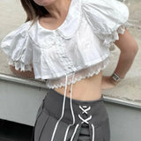 Purpdrank  Stylish White Spliced Lace Short Puff Sleeve Shirt Women Peter Pan Collar Bow Hem Loose Crop Tops