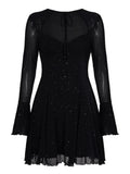 Purpdrank  Sexy Sparkly Sheer Mesh Party Dress Women Fashion Black Tie-up Low Cut Front Long Sleeve A Line Mini Midnight Club Dress
