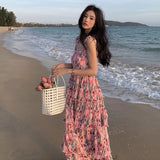 Purpdrank  Flower Printed Pleated Waist A-line Dress Sweet Beach Chiffon Fragmented Pink Strap Dresses Fashionable Cake Vestidos Fairy