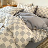 Purpdrank  4Pcs Grid Printed Fitted Sheet Bedclothes Cotton Double-Sided Mix Color Soft Quilt Cover Single Double Comfort Set for Adults