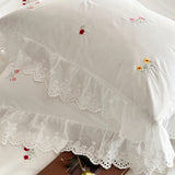 Purpdrank  100% Cotton French Small Fresh Floral Embroidery Lace Ruffles Bedding Set Duvet Cover Set Flat/Fitted Bed Sheet Pillowcases 4Pcs
